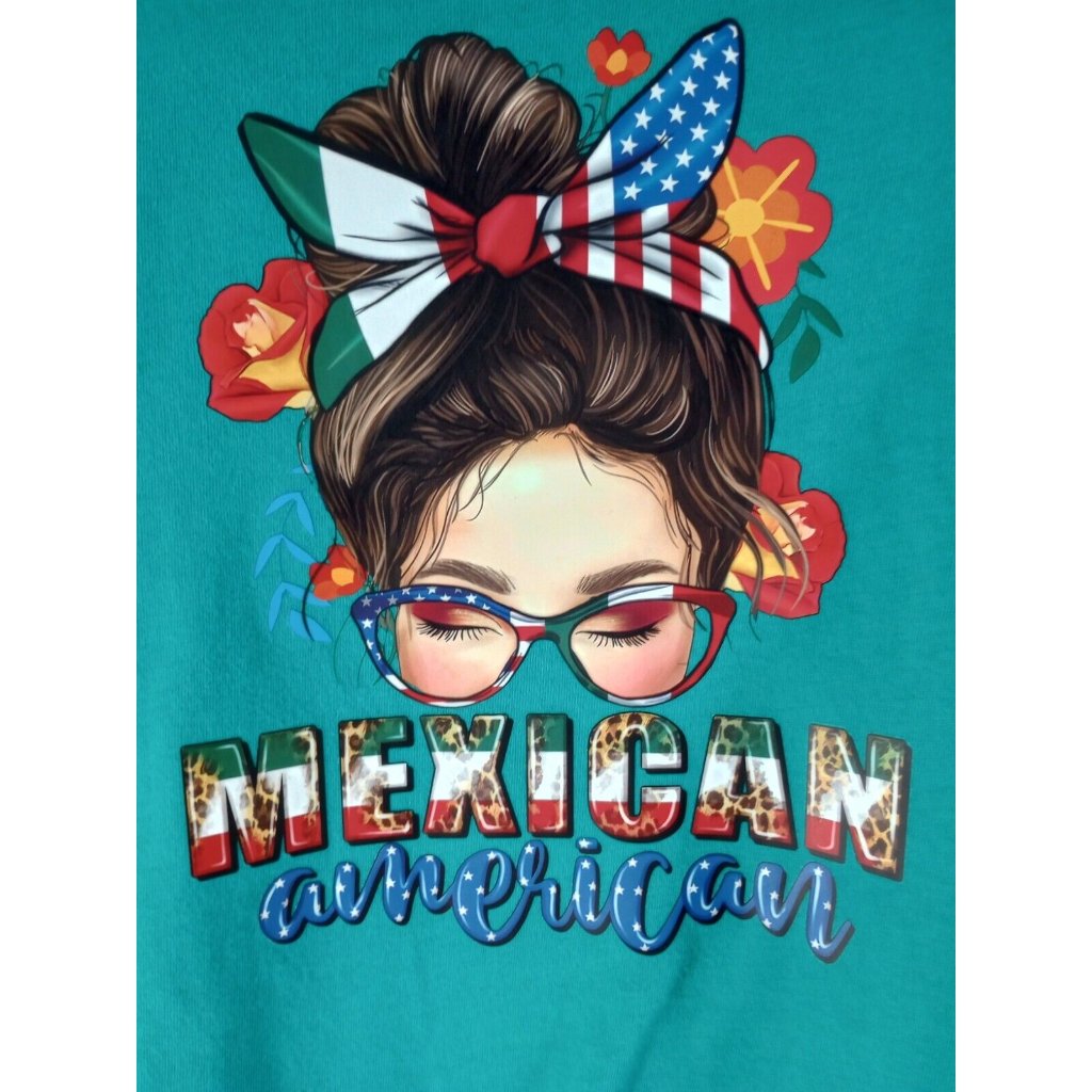 Cosmos Apparel Womens Lg Aqua Green Cap Sleeve Round Neck Mexican American Tee